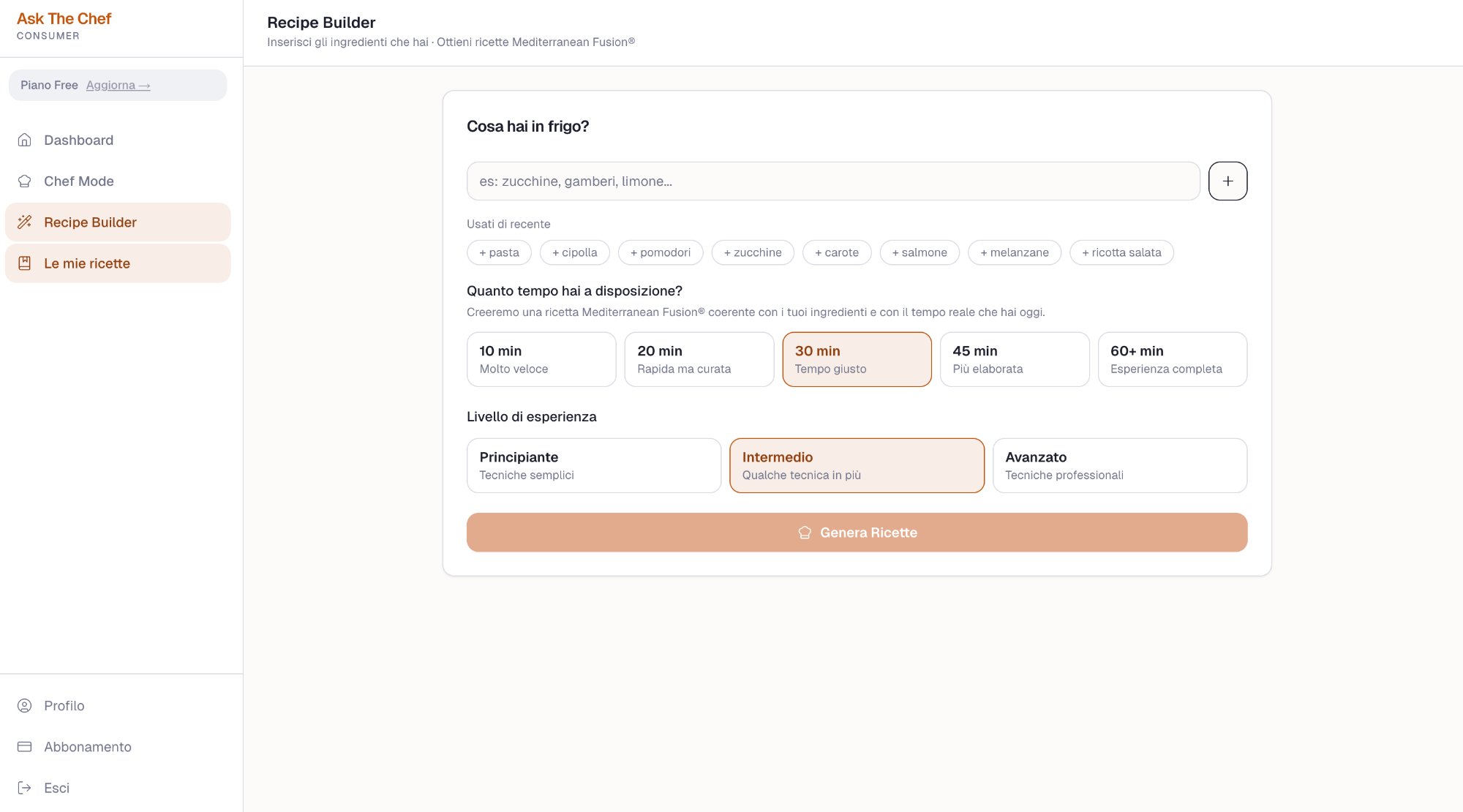 Recipe Builder — ingredienti, tempo e livello